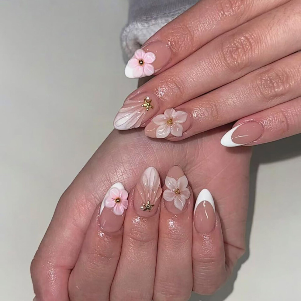 24Pcs Short Almond Nude Pink Press On Nails with 3D Bow Accent, Reusable Fake Nails Set