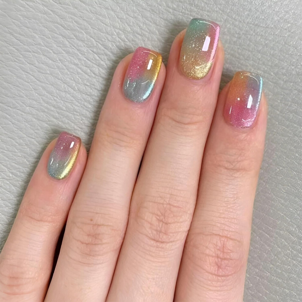 24Pcs Short Square Gradient Press On Nails with Glue, Colorful Glossy Fake Nail Set