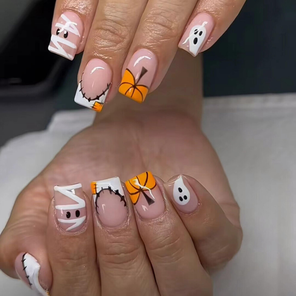 Halloween Medium Square Press on Nails White French Tip Fake Nails Pumpkin Ghost Design 24pcs