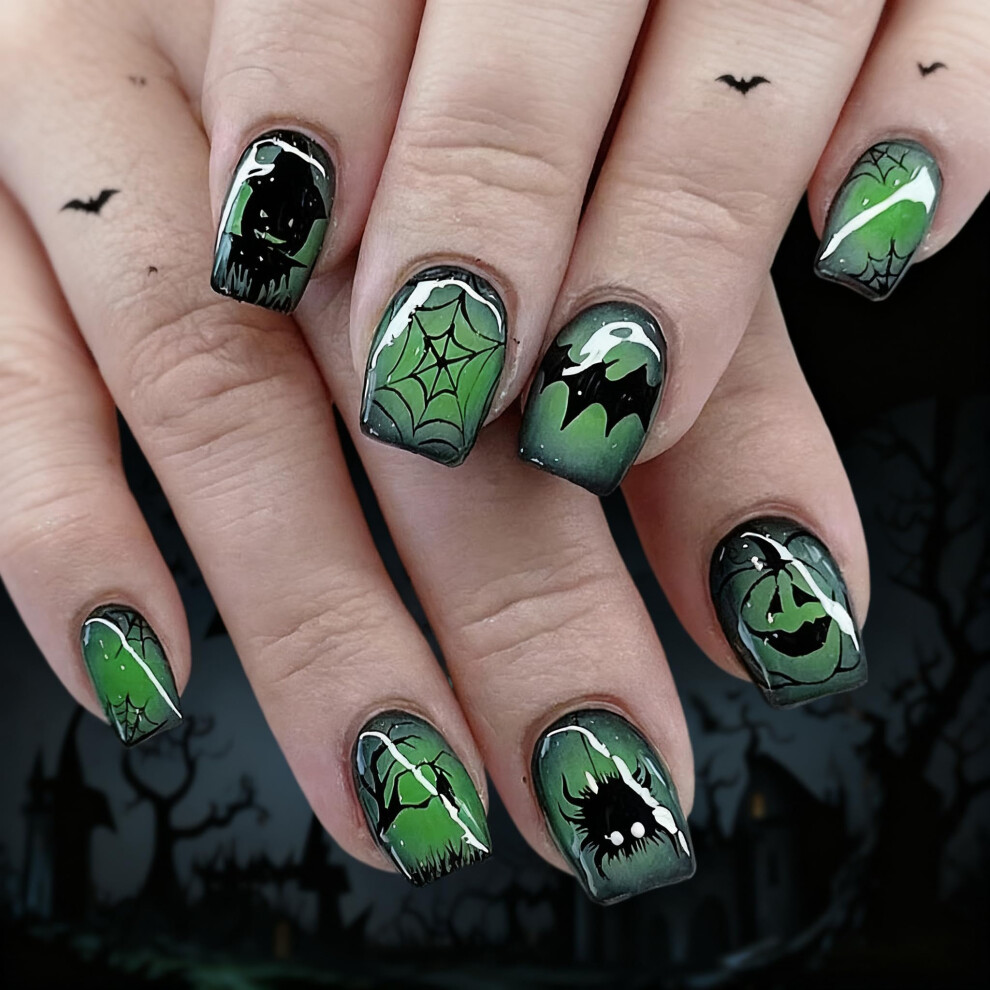 Halloween Press on Nails Short Square Acrylic with Spider Web and Bat Designs, 24pcs Reusable