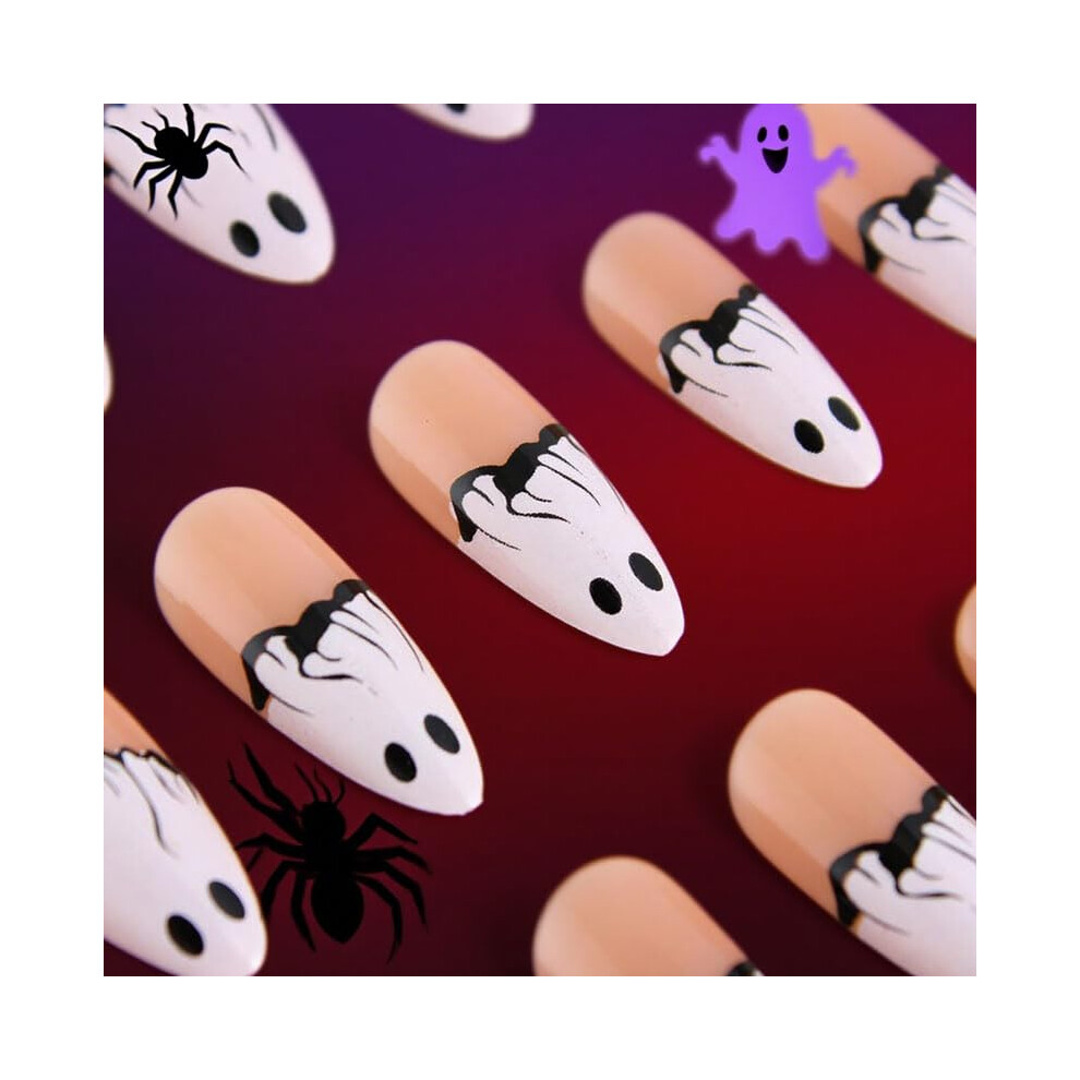 Halloween Press On Nails Set 24pcs Long Almond Ghost Design Reusable Fake Nails for Women