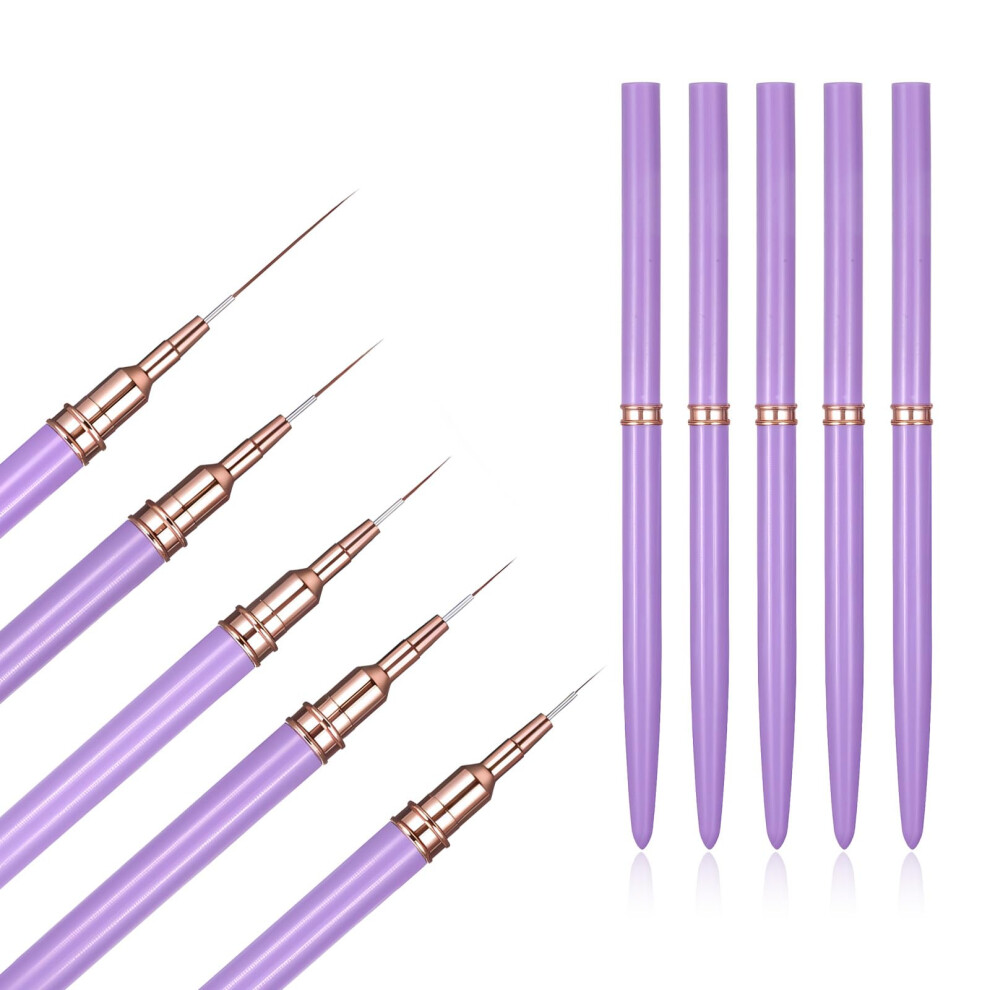 Purple 5Pcs Professional Nail Art Brushes Set With Precision Detail Liner For Gel Polish And Fine Lines