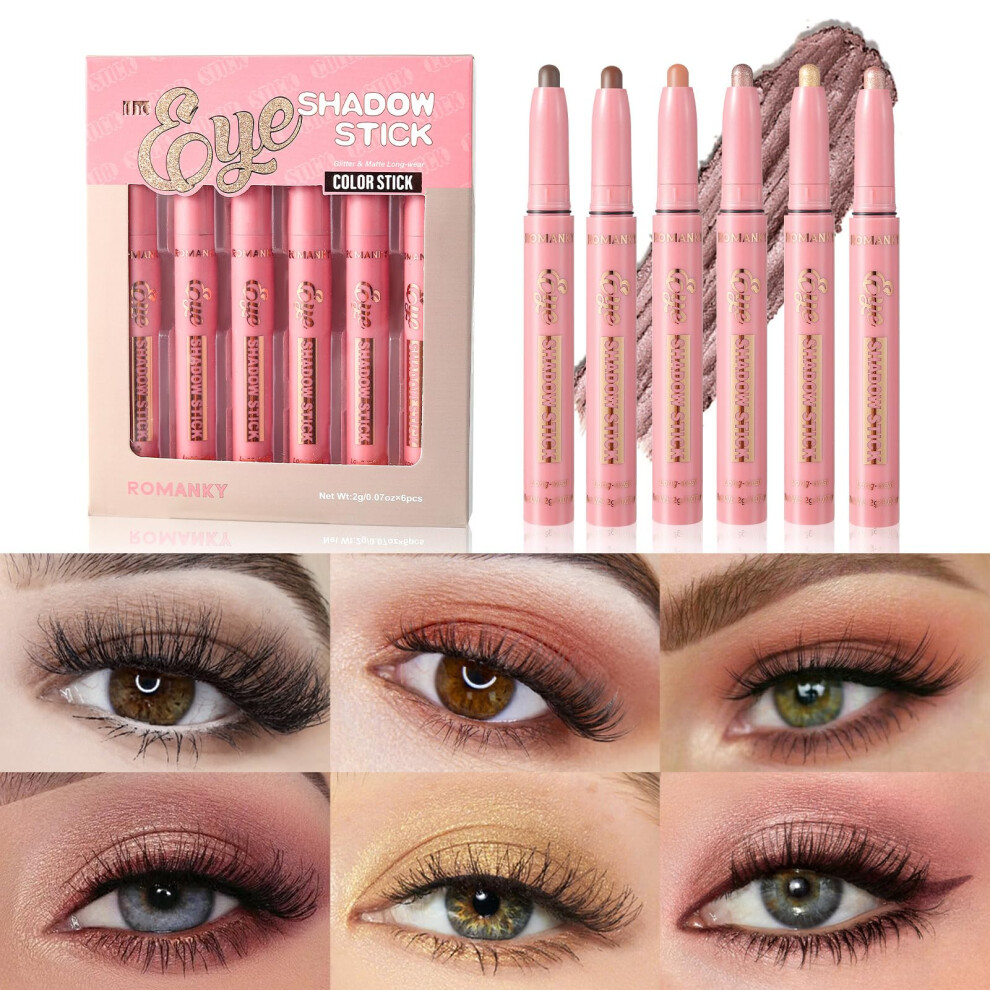 Cream 6Pcs Waterproof Eyeshadow Stick Set, Longwear Eyeshadow Pencil Matte Shimmer Metallic