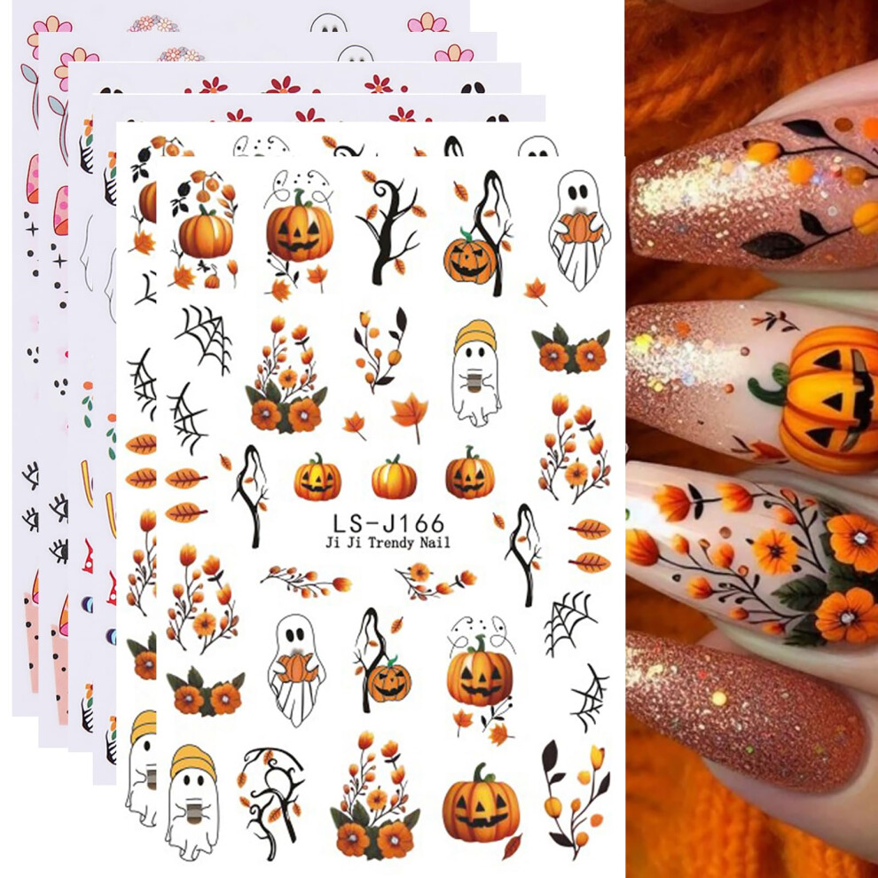 Halloween Ghost Nail Stickers Pumpkin Floral Mushroom Designs Easy Peel Autumn Nail Art Decals 6Pcs
