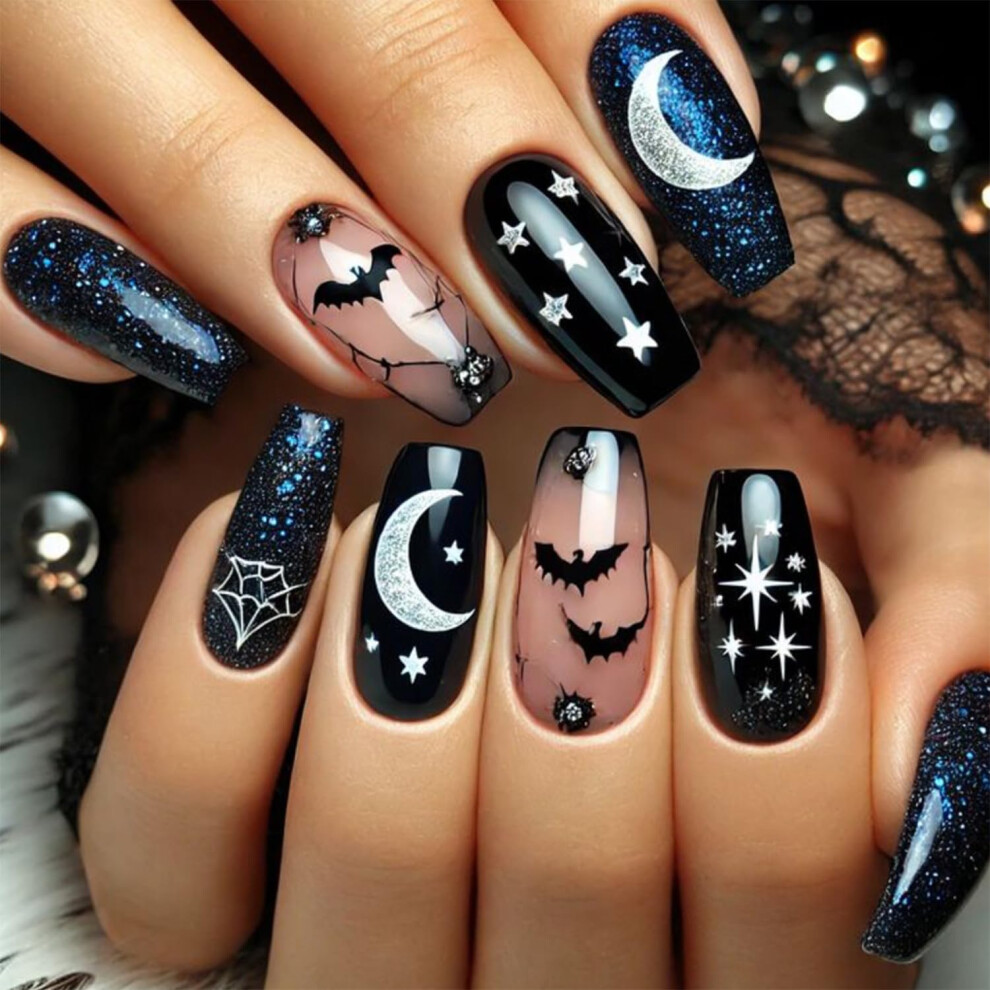 Bat Moon Design Press On Nails Halloween Coffin Shape Fake Nails Reusable Glitter Nail Set