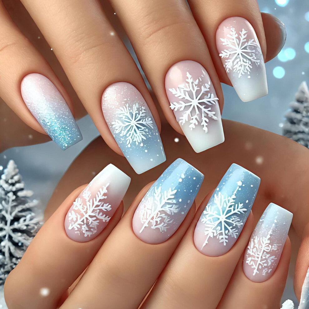 Blue,White Christmas Press On Nails Blue And White Gradient Snowflake Glitter Holiday Fake Nails 24Pcs