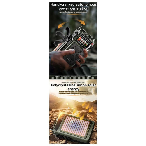 Emergency Multifunctional Radio  Speaker Compass Flashlight Solar Powered Hand Cranked Generator Power Bank 2