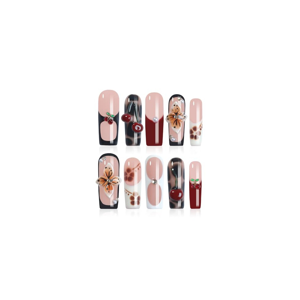 Press On Nails with 3D Flowers and Cherries, Leopard Print Square False Nails, Handmade and Reusable