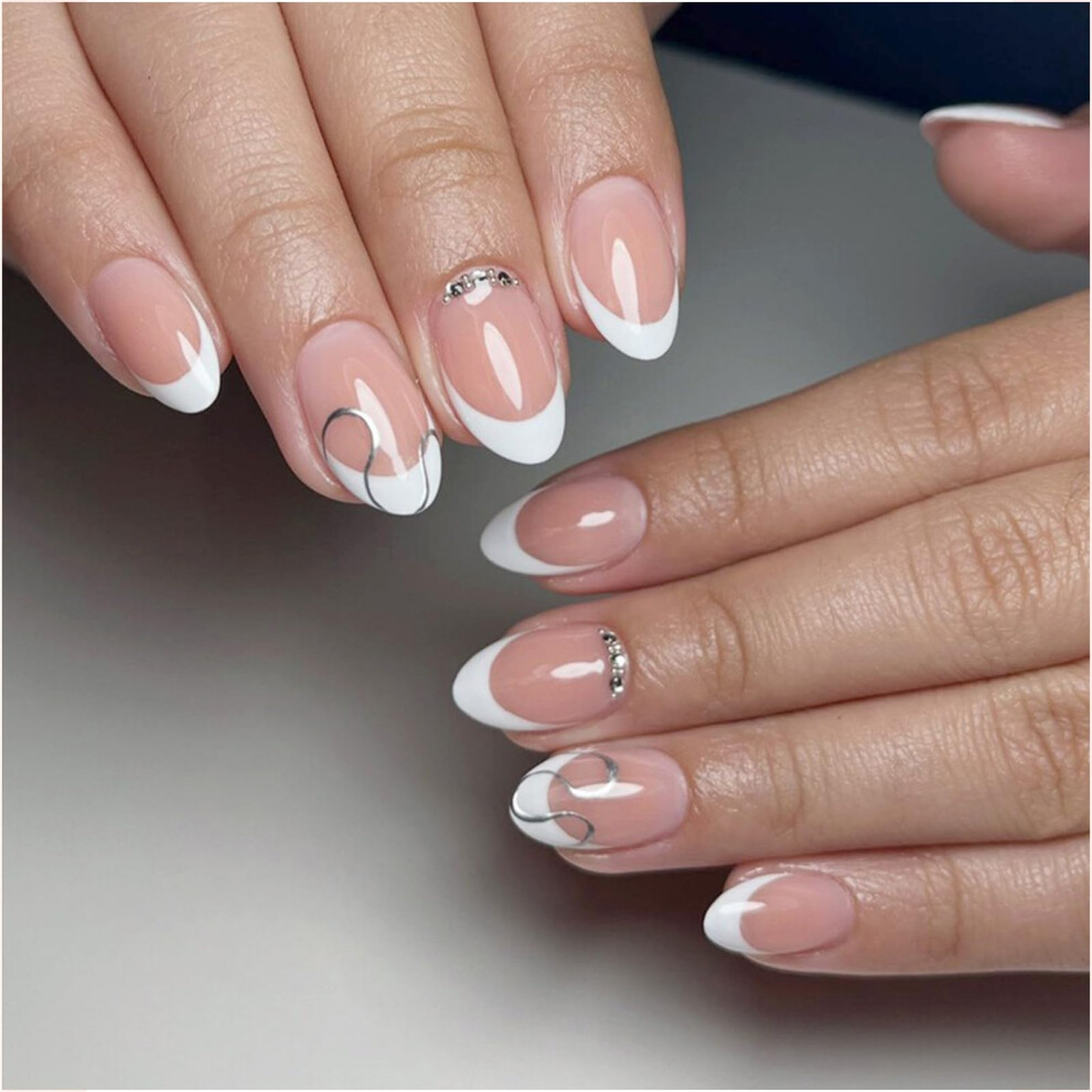 Press On Nails Short Almond Fake Nails with Glue Pads, Nude Gloss French Tip Acrylic Nail Set 24Pcs
