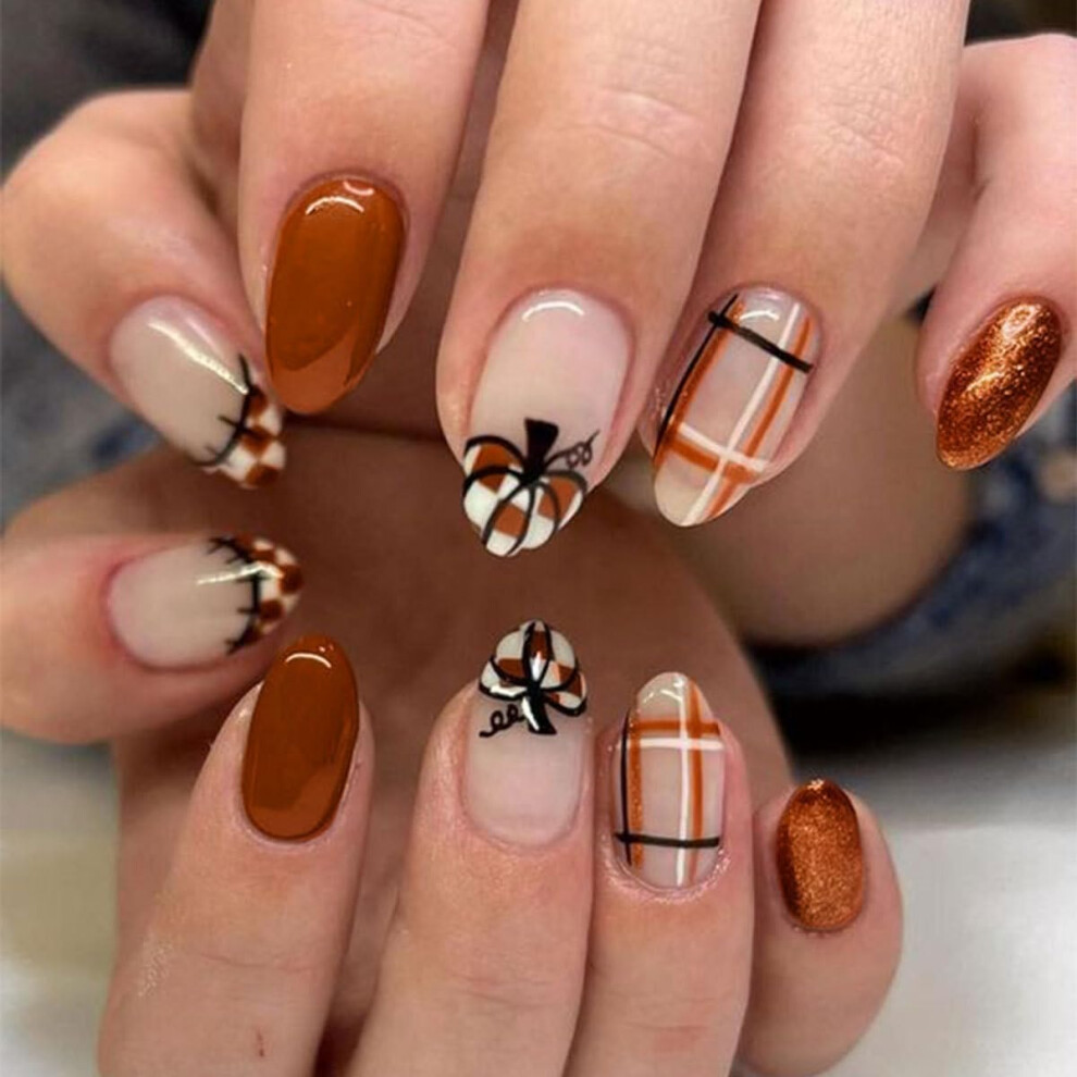 24Pcs Thanksgiving Press on Nails Short Almond Fall Plaid Pumpkin Fake Nails Autumn Coffee Color Full Cover Acrylic Nail Set for Women