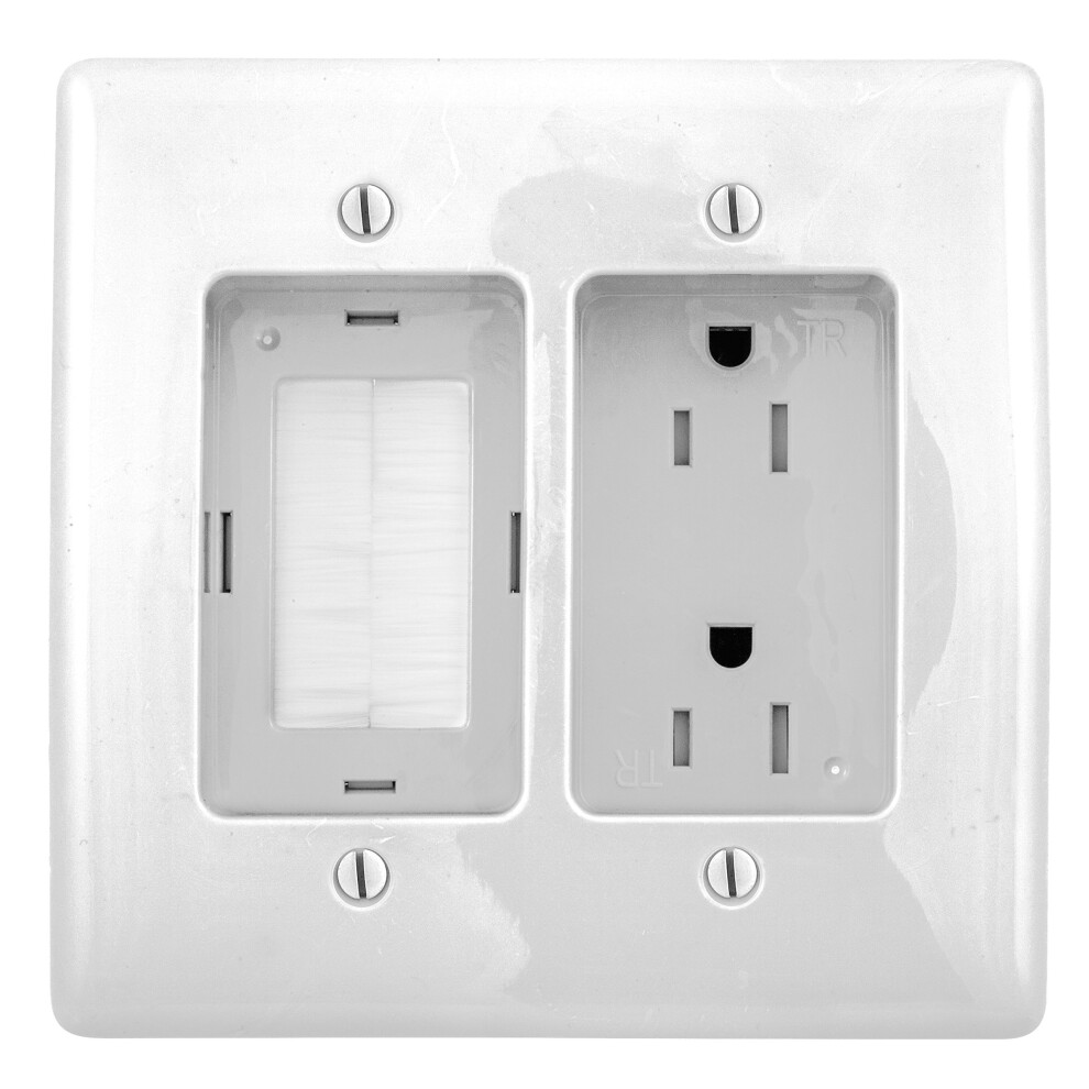 Bryant Electric Rr1512w 2-Gang Recessed Tv Connection Outlet Plate With 15 Amp 125V Tamper-Resistant Duplex Receptacle With One Pass-Thru Opening, 883778305832