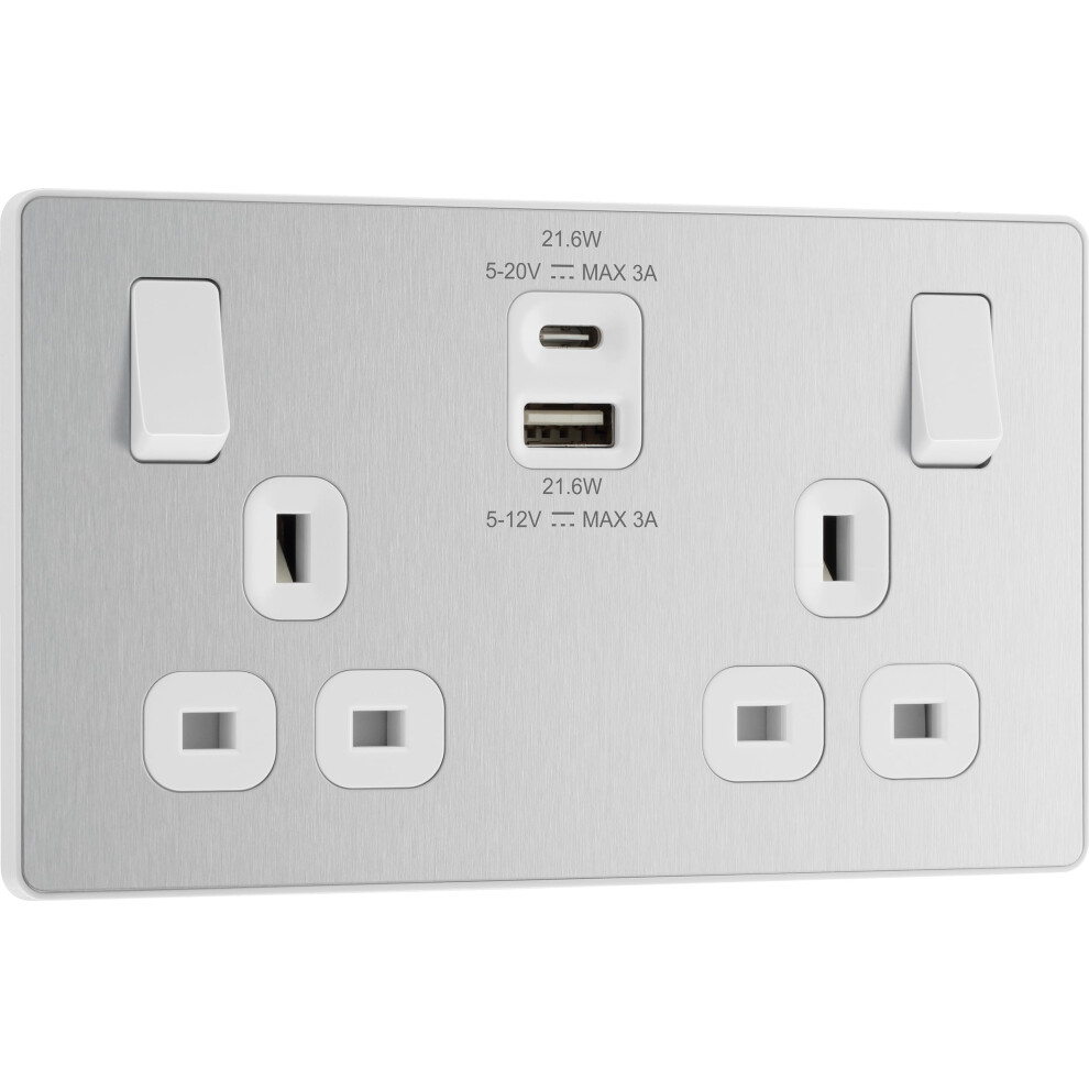 Bg Electrical 22W Double Switched Power Wall Plug Socket With Fast Charge Type A And Type C Usb Charging Ports, Evolve, Brushed Steel, 13A, 5050765252881