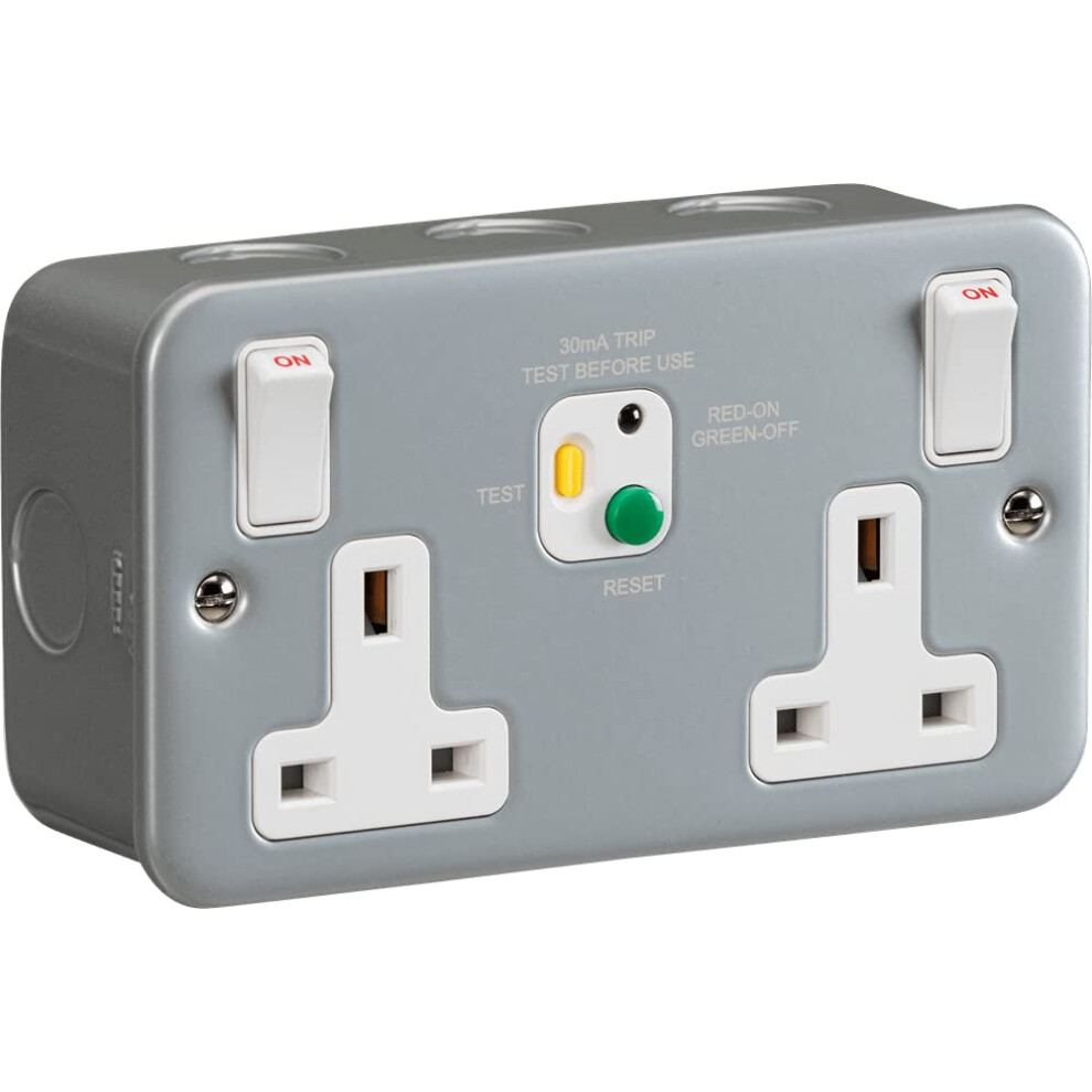 Knightsbridge M9rcd Metal Clad 13A 2G Dp Rcd Switched Socket - 30Ma (Type A), Powder-Coated Silver/Grey, 81.0 Mm*50.0 Mm*142.0 Mm 5056270811520