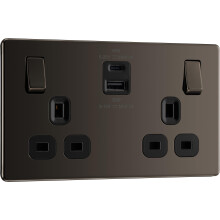 BG Electrical 45W Double Switched Power Wall Plug Socket with Super Fast Charge Type A and C USB Ports, Screwless, Flatplate, Black Nickel, 13A,
