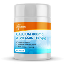 Calcium 800mg and Vitamin D3 5?g per Serving /90 Tablets by Sunshine Nutrition, Made in UK