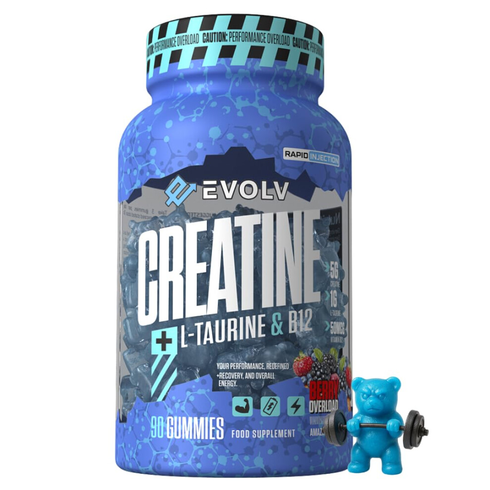 Hillten Health Creatine Monohydrate Gummies + L-Taurine & B12 | 90 Vegan | Overload Creatine Gummies 5000Mg | Pre Workout & Post Workout Energy For Men & Women |
