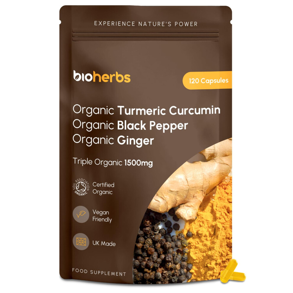 Bioherbs Black Organic Turmeric Capsules 1500Mg With Pepper & Ginger | High Strength Turmeric Supplement By | 120 Capsules (2-Month Supply)