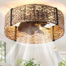 Ganeed 20" Boho Fandelier Ceiling Fan with Light, Rattan Caged Ceiling Fan with Light and Remote Control, Quiet Reversible Motor Enclosed Low Profile