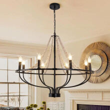 Ganeed Vintage Chandeliers,8-Light Round Wagon Wheel Chandelier with Wood Beaded,Black Farmhouse Pendant Light, Adjustable Height Hanging Light for Ki