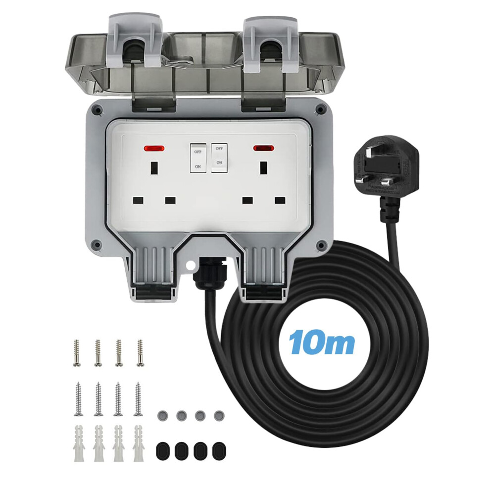 Double Outside Socket With 10M Extension Lead, Ip66 External Socket Waterproof 2 Gang Storm Switched Power Socket, 13Amp Wall Electrical Outlets With 6977077219267