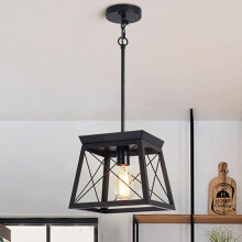 Ganeed Farmhouse Pendant Light Metal Cage with Wooden Finish,1-Light Rustic Lantern Chandelier,Adjustable Height Hanging Light Fixture for Kitchen Isl
