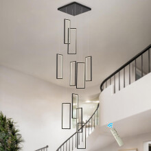 Modern High Ceiling Light Staircase Chandelier, 3-Color Dimmable LED Ceiling Light with Remote, 10-Light Large Pendant Light Fixture for Living Room F