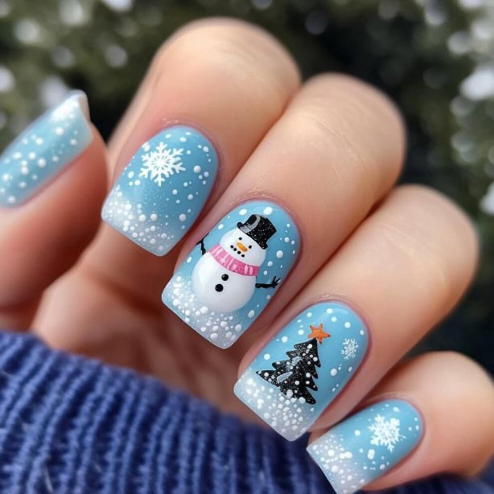 Christmas Press On Nails Snowman Fake Nails with Snowflake Design Blue Glossy Full Cover 24pcs