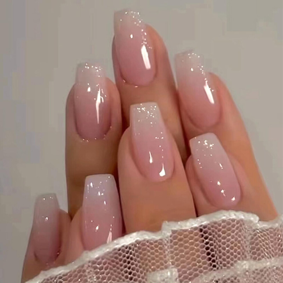Pink Ombre Press on Nails Medium Square Acrylic False Nails with Glitter SalonQuality Manicure Kit