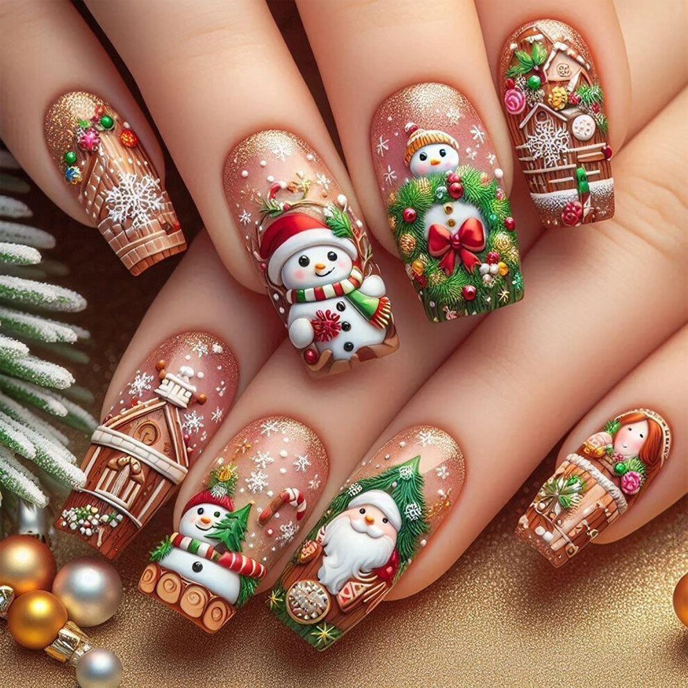 24Pcs Christmas Press On Nails Set Long Glitter Coffin Shape with Snowflake and Santa Designs