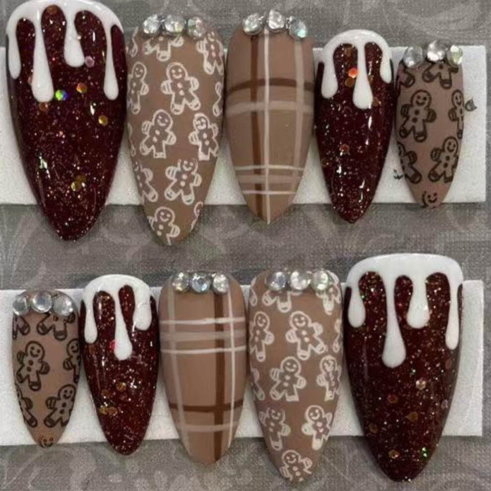 Brown Medium Almond Press On Nails Glitter Fake Nails Christmas Gingerbread Design For Women