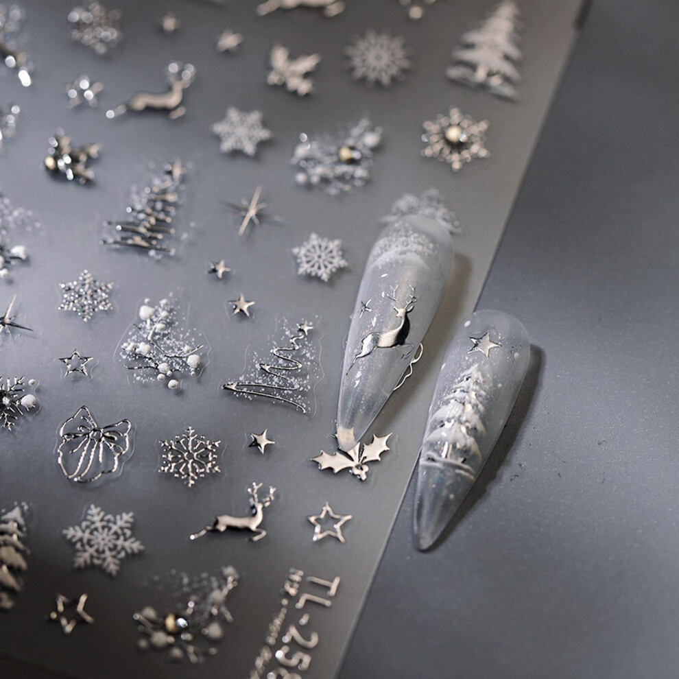 Silver 5D Christmas Nail Stickers With Realistic Embossing, Snowflake And Xmas Tree Designs For Winter Manicure