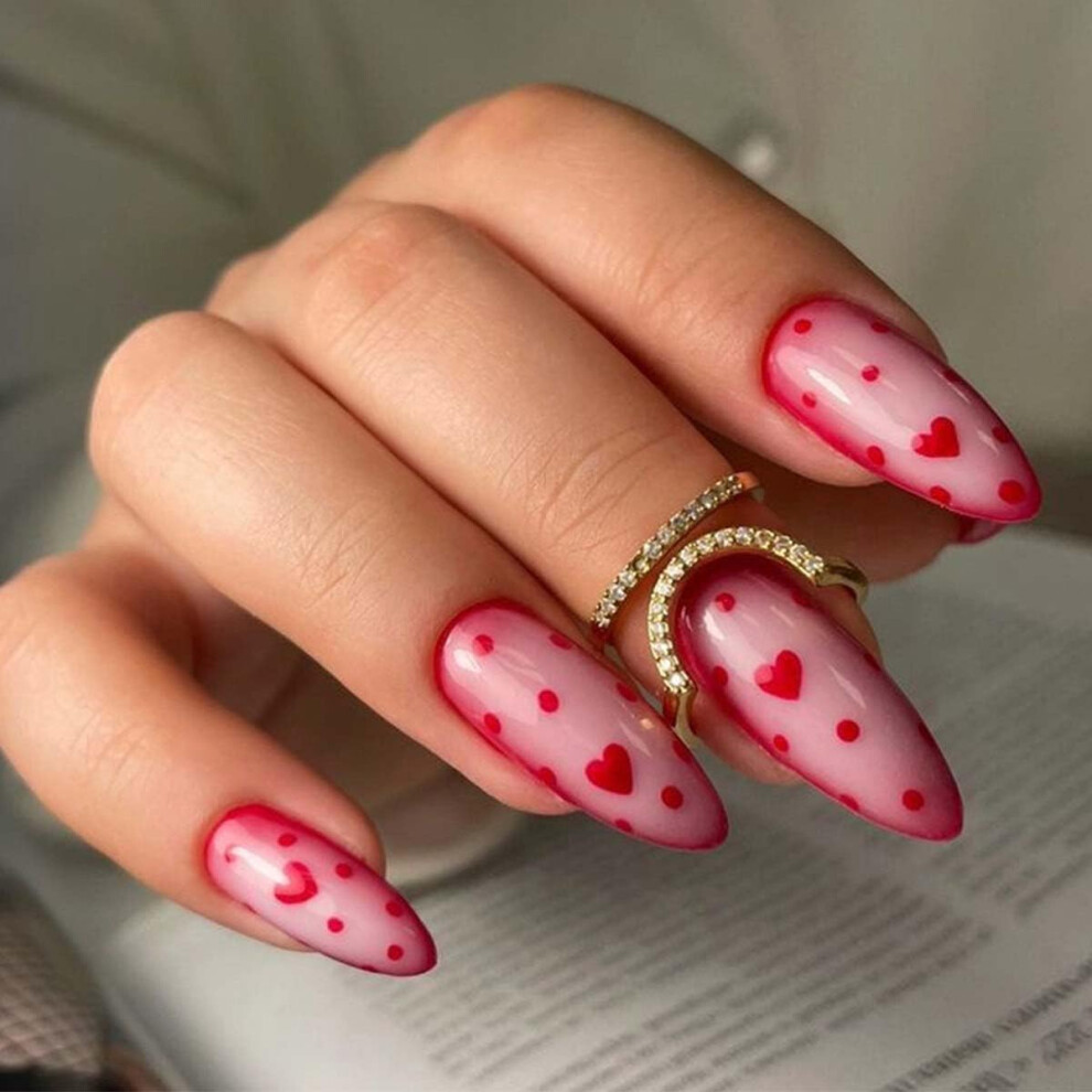 Red Stiletto Press On Nails With Heart Design, Long Acrylic Fake Nails, 24Pcs Salon Quality