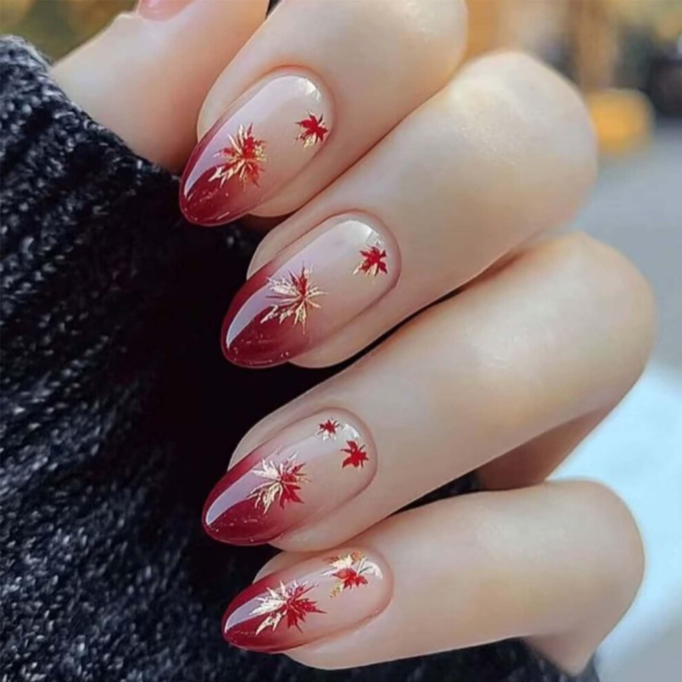 Red Thanksgiving Press On Nails Gradient Almond Acrylic Fake Nails With Maple Leaf Design 24Pcs