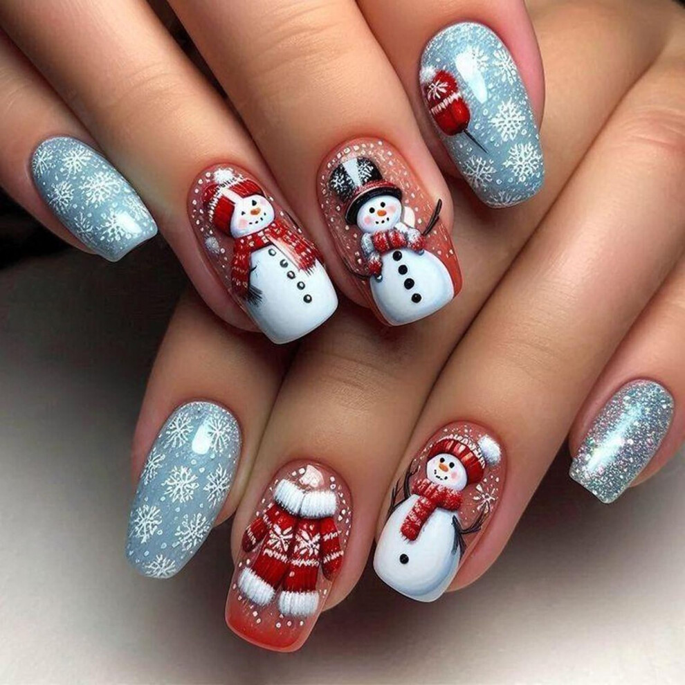 Christmas Press on Nails Red Blue Snowflake Design Medium Square Glossy Reusable Fake Nails 24Pcs