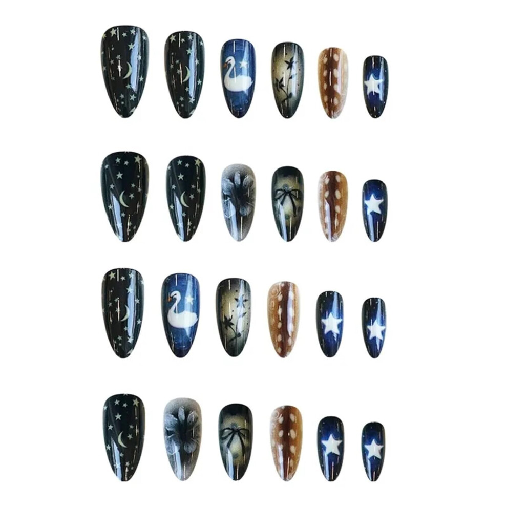 24pcs Gradient Black Almond Shape Press On Nails Y2K Star Moon Design Reusable Glossy Set