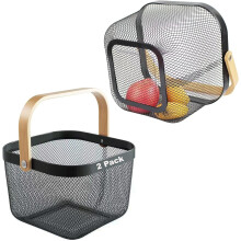 Lot de 2 paniers de jardinage, paniers de pique-nique avec maille métallique résistante et poignée en bambou, parfaits pour les courses, le