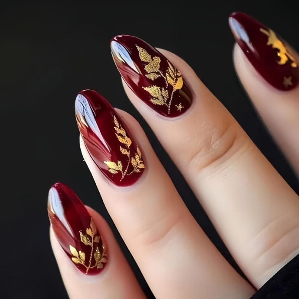 Thanksgiving Press On Nails with Fall Glitter Maple Leaves Medium Almond Fake Nails for Women
