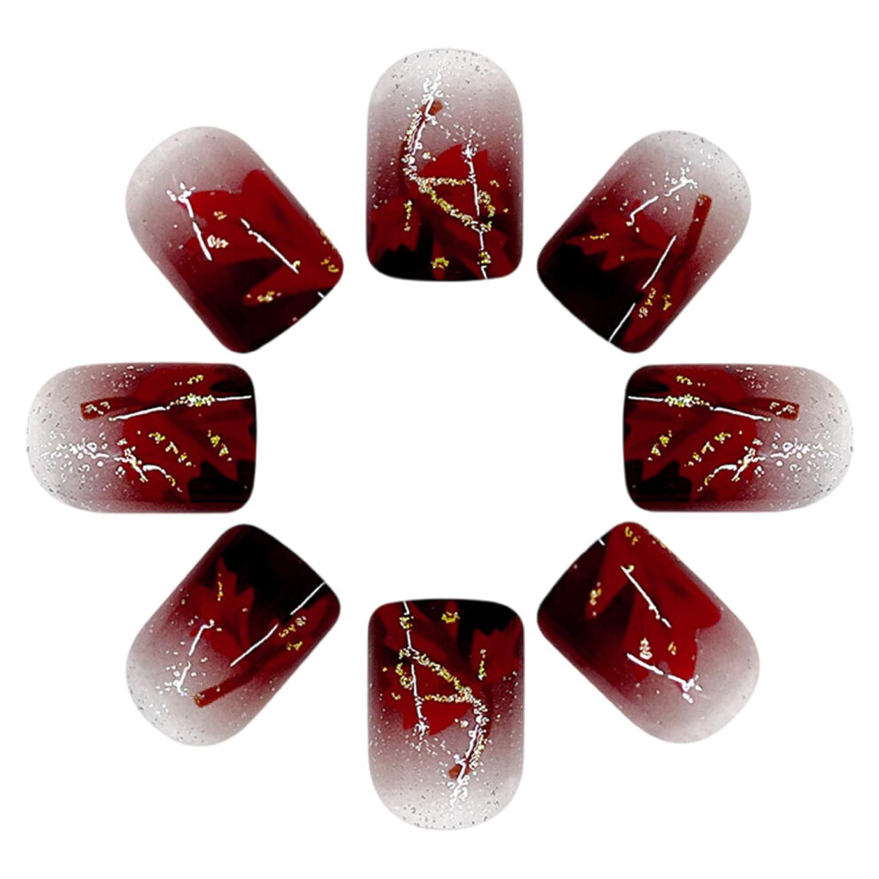 Short Square Press On Nails with Fall Maple Leaves Design, 24pcs Artificial Nails for Thanksgiving