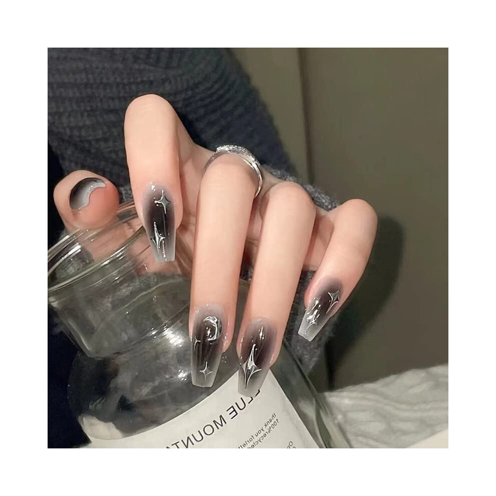 French Tip Almond Press On Nails with Black Star Moon Design, Medium Length Reusable Acrylic Set