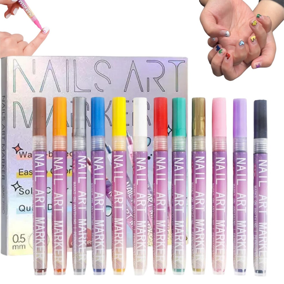 12 Colors Nail Art Pens Set with Precise 0.5mm Tip, QuickDry Nail Art Markers for Detailed Designs