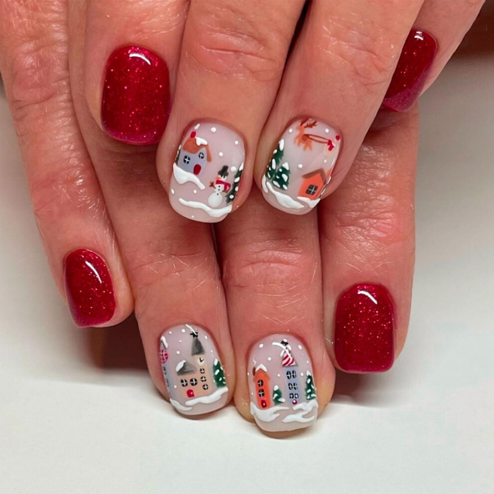 Christmas Press On Nails Short Square Red Snowman Design Reusable Holiday Fake Nail Set 24Pcs