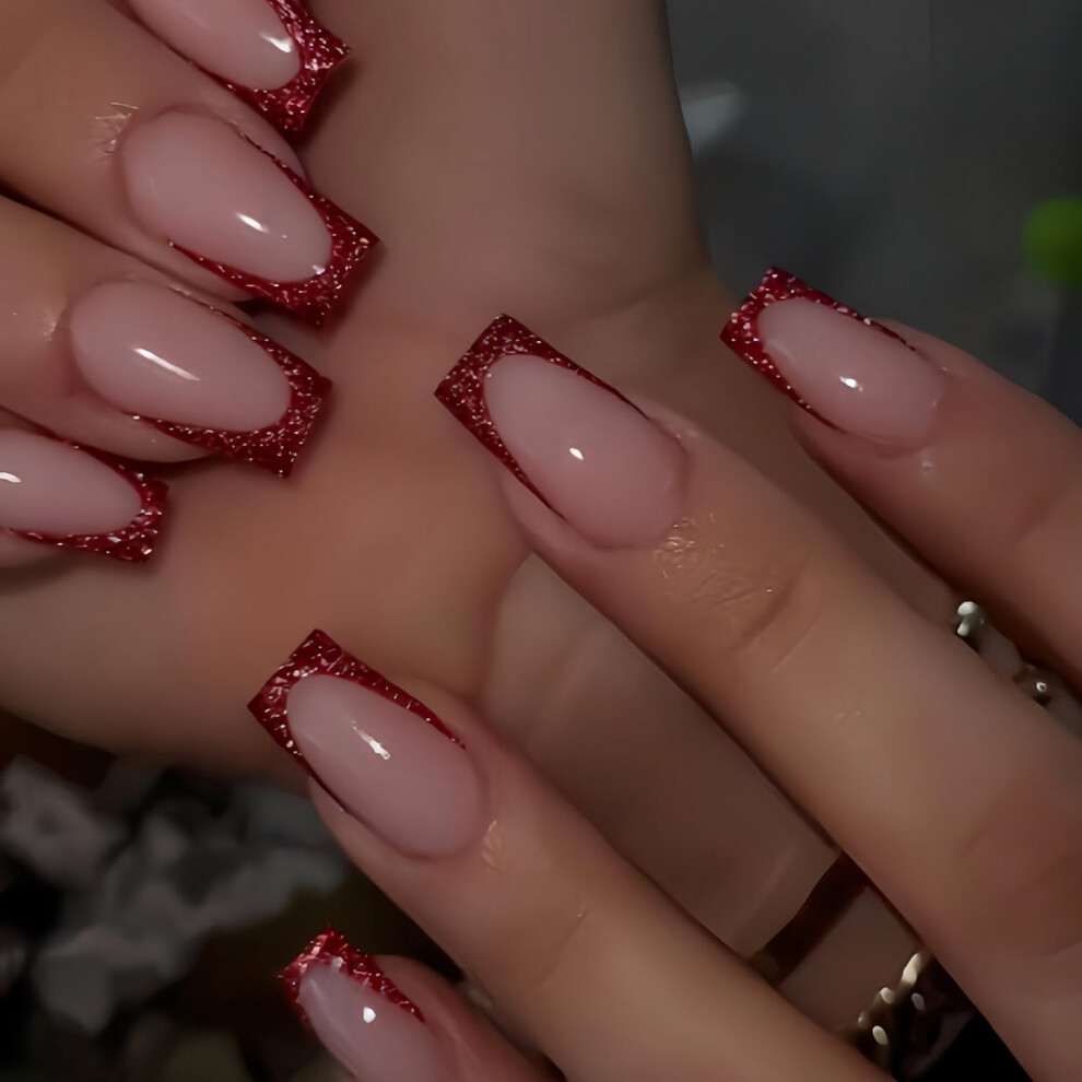 Red Glitter Press On Nails Medium Square Fake Nails Christmas French Tip 24Piece Nail Set