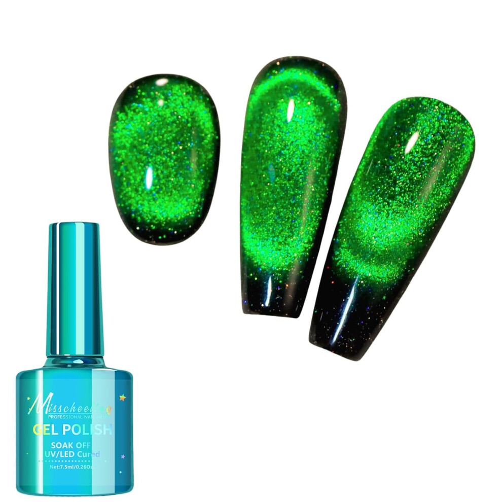 12D Cat Eye Magnetic Gel Nail Polish Green 03 with Holographic Glitter and Diamond Shimmer Effect