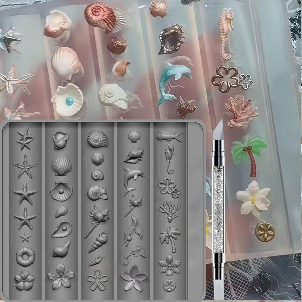 3D Ocean Silicone Nail Art Mold Kit with DoubleHead Carving Pen for Beach Theme DIY Manicure