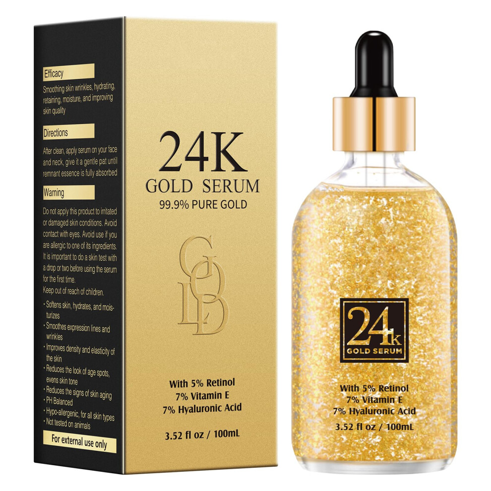 24K Gold Face Serum with Retinol, Vitamin E and Hyaluronic Acid for Deep Hydration and AntiAging 100ml