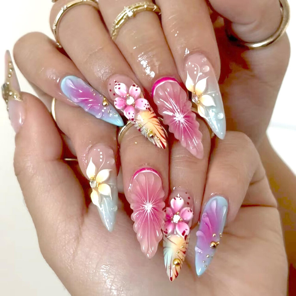 Handmade Almond Press on Nails with Colorful Flower French Tips Glitter Rhinestones 24Pcs Reusable
