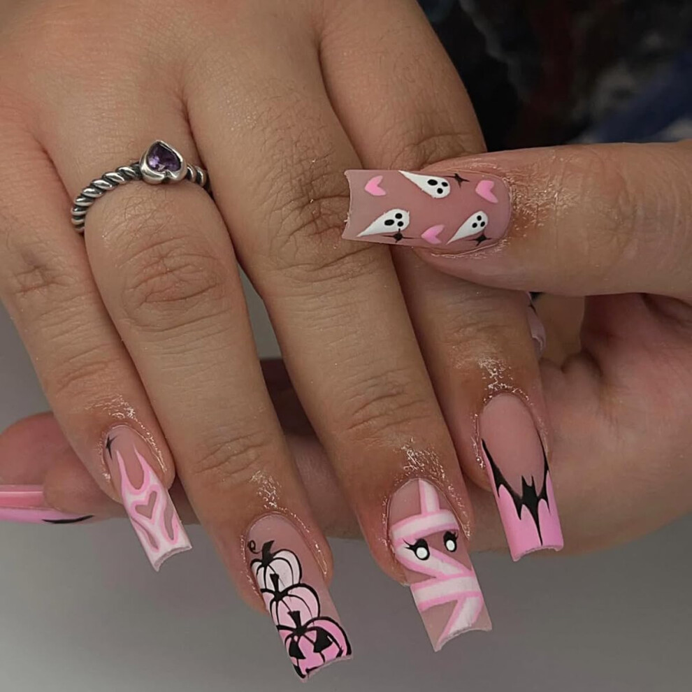 Halloween Press On Nails Pink French Square Fake Nails with Ghost Pumpkin Design Nude Glossy 24Pcs
