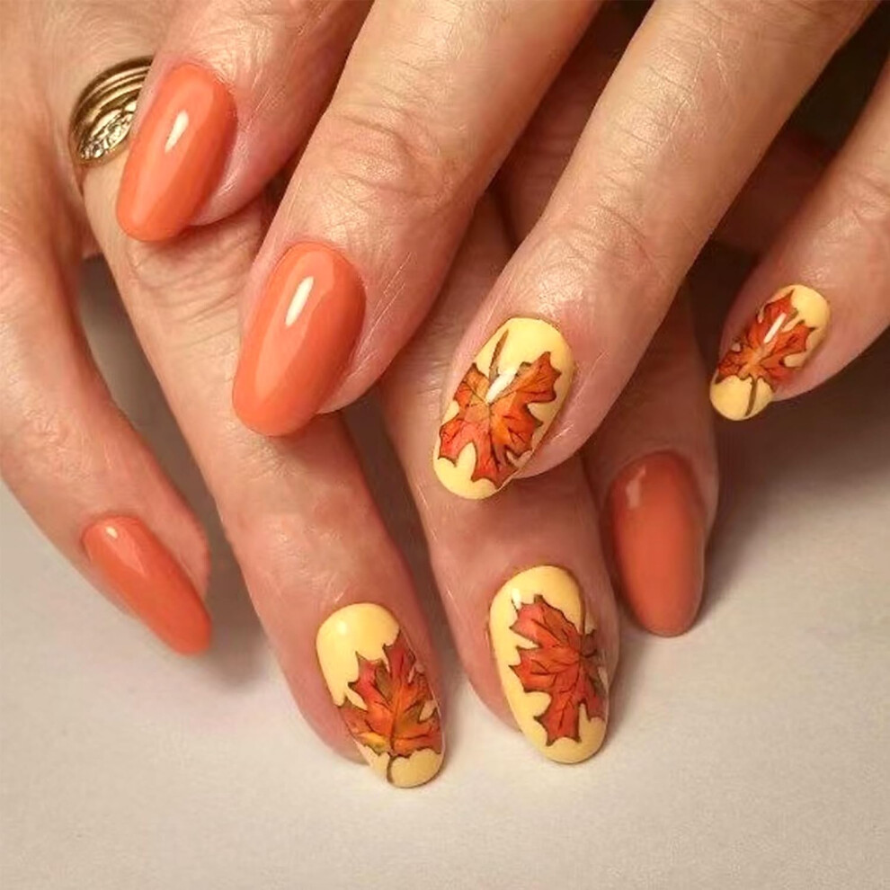 Autumn Maple Leaf Press on Nails Short Almond Thanksgiving Fake Nails Reusable Acrylic Nail Set