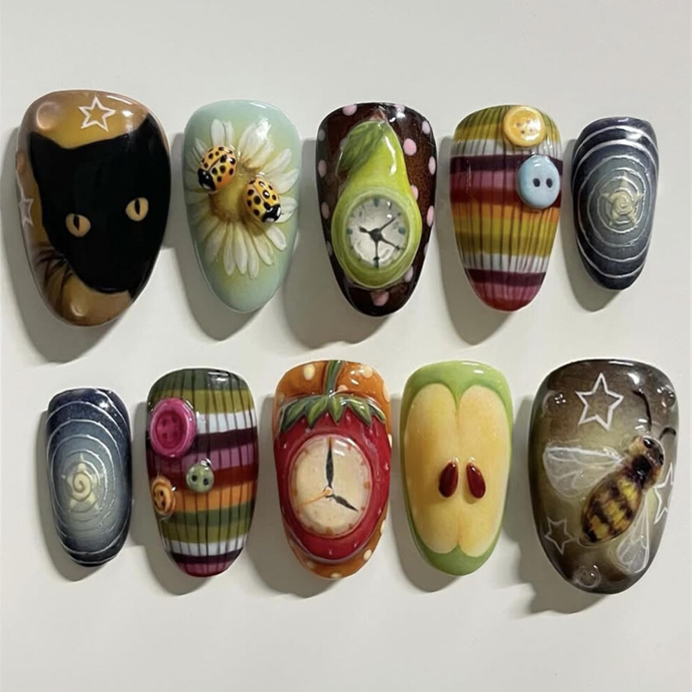Medium Almond Press On Nails Glossy Acrylic Fake Nails with Cute Pattern and Glue 24Pcs