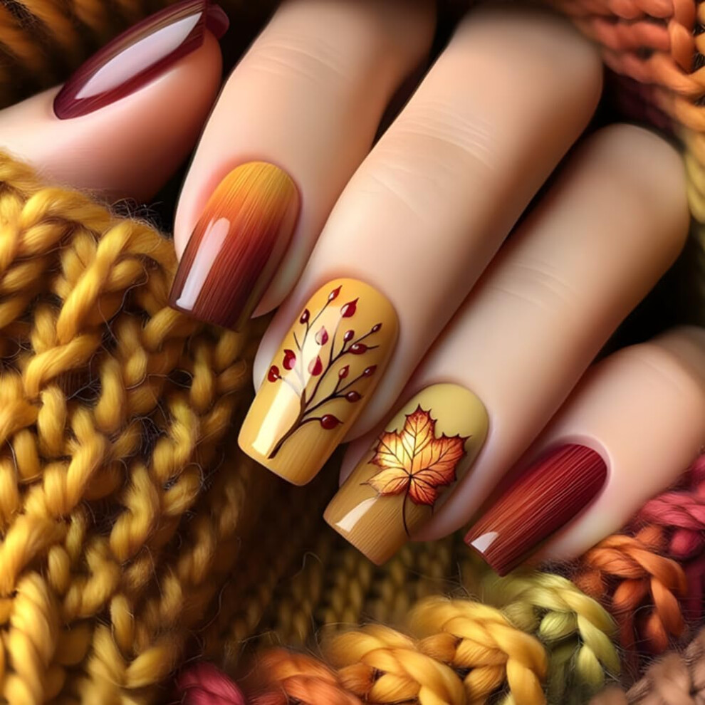 Red,Gold Square Press On Nails Medium Length Gradient Gold Red Fake Nails Maple Leaf Design Reusable 24Pcs Kit